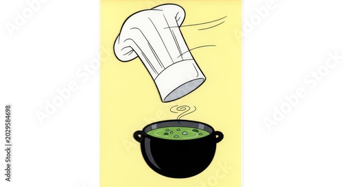 Chef's Hat Hovering Over Steaming Green Soup Pot