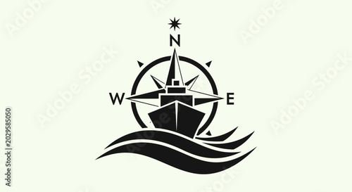 Minimalist vector logo featuring a cargo ship sailing on waves with a compass rose navigation symbol.