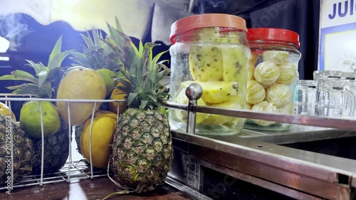 Refreshing Juice Shop During Summer with Fresh Fruit Drinks, Colorful Beverages, Street Refreshment and Tropical Lifestyle Scene