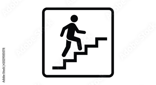 Running man climbing stairs sign black and white pictogram in a square frame silhouette