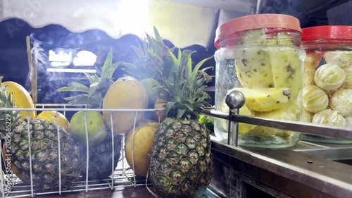 Refreshing Juice Shop During Summer with Fresh Fruit Drinks, Colorful Beverages, Street Refreshment and Tropical Lifestyle Scene