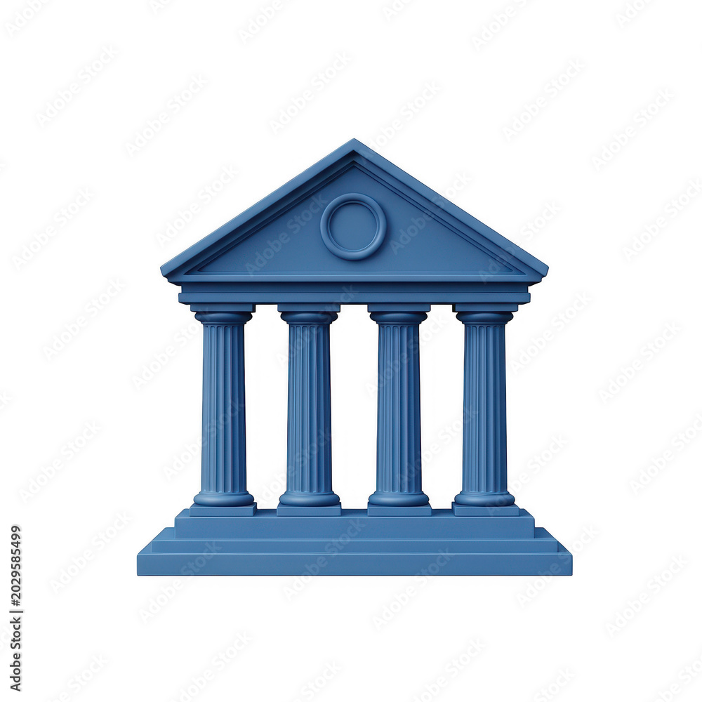 Fototapeta premium Blue bank building icon with pillars representing finance and law isolated on transparent background