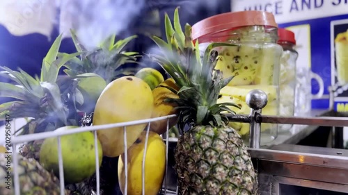 Refreshing Juice Shop During Summer with Fresh Fruit Drinks, Colorful Beverages, Street Refreshment and Tropical Lifestyle Scene