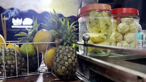 Refreshing Juice Shop During Summer with Fresh Fruit Drinks, Colorful Beverages, Street Refreshment and Tropical Lifestyle Scene