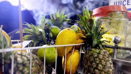 Refreshing Juice Shop During Summer with Fresh Fruit Drinks, Colorful Beverages, Street Refreshment and Tropical Lifestyle Scene