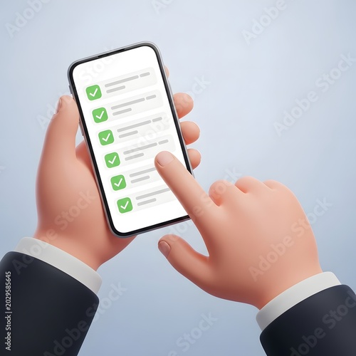 Hands holding phone showing checklist app with completed tasks