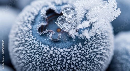 Close-up of a frozen blueberry covered in frost crystals, macro detail, cold, winter fruit