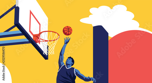 Basketball player in a blue uniform jumps towards the hoop to score a point during an intense game on a sunny day outdoors.