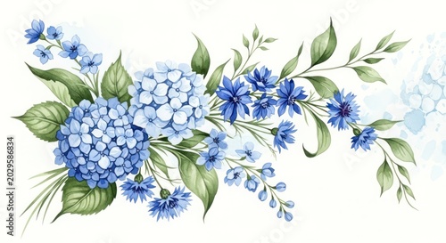 Blue Hydrangea and Cornflower Floral Arrangement Watercolor