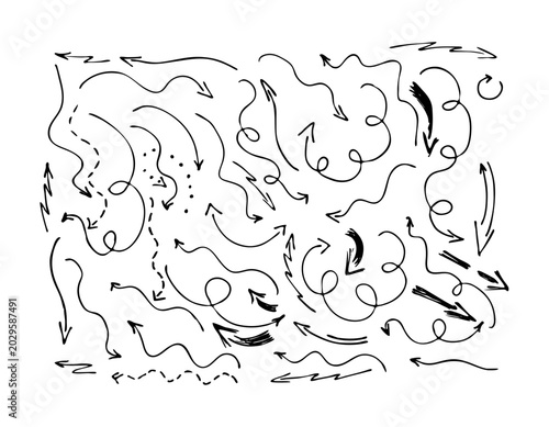Group set of chalked arrows. Hand-drawn grunge black charcoal symbols for diagrams. Vector doodle marker drawing. Freehand various curved arrows, strokes, and black dots on a white background. doodle.