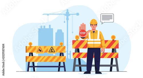 Professional construction worker in safety gear holding a stop sign in front of a building site with barriers and cranes in an urban area.