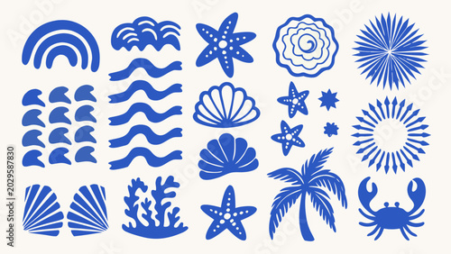 blue marine life and botanical illustrations collection of stylized sea creature and plant shapes