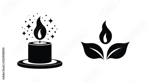 Black and white candle and nature leaf flame icons with wellness
