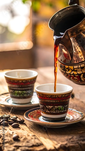 A warm beverage pours from a decorative pot into a cup
