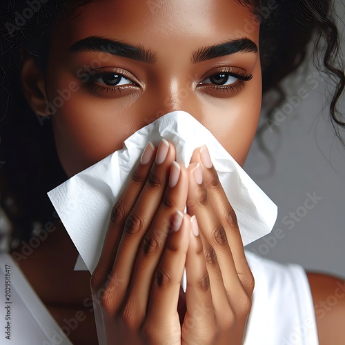 A woman blows her nose