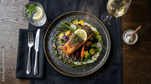 Seared salmon is presented on a white plate atop a bed of black lentils, asparagus, and cherry tomatoes.