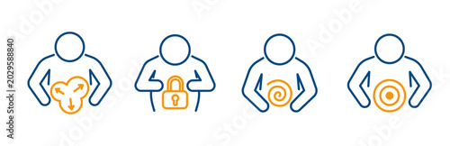 Digestive system problem icon set, icons of stomach hurts, bloated, constipation, intestinal inflammation, bloating stomach thin line symbols on white background - editable stroke vector illustration