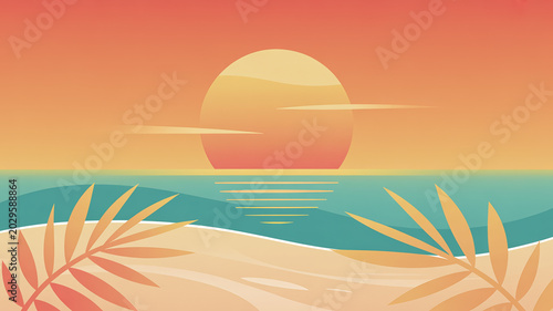 Vibrant beach scene with sunset palm leaves and serene ocean waves on sandy shore at warm summer evening