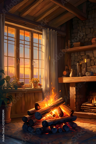 fireplace with burning logs