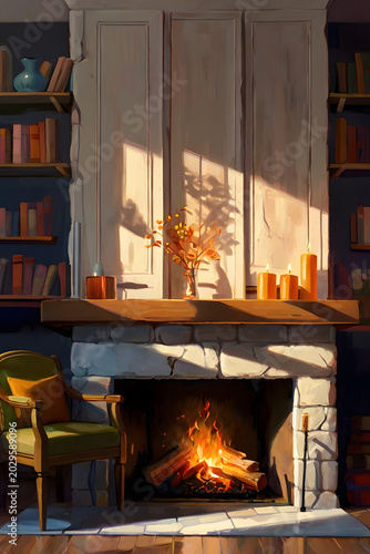 fireplace with burning logs
