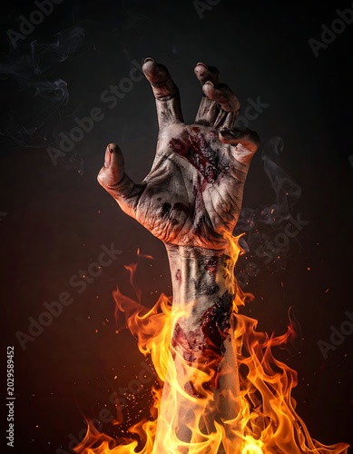 A zombie hand rises from the flames
