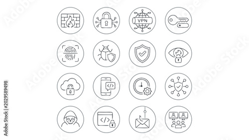 Professional Set of 16 Cybersecurity Line Icons Featuring Firewall, Data Encryption, VPN, Password Security, Biometric Authentication, Malware Protection, Cloud Safety, and Network Defense.