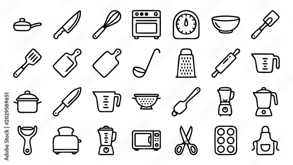 Naklejka premium Minimalist Kitchen Tool and Cooking Utensil Vector Line Icon Set Featuring Pan, Knife, Whisk, Oven, Scale, Bowl, Spatula, Cutting Board, Ladle, Grater, Rolling Pin, Pot, Blender, Toaster, Microwave.