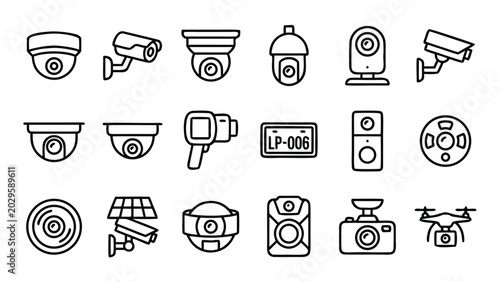 Set of 18 Minimalist Security and Surveillance Camera Line Icons Including CCTV, Dome, Bullet, Thermal Imaging, License Plate Recognition, Smart Doorbell, Body Cam, Dashcam, and Drone Technology.