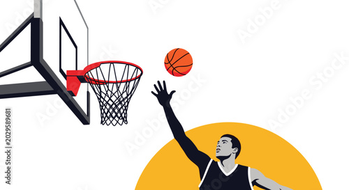 Dynamic illustration of a basketball player aiming for the hoop with a large yellow circle in the background for sports.