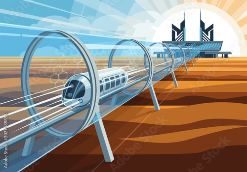 Fotografie High-speed futuristic train in tube over desert landscape.