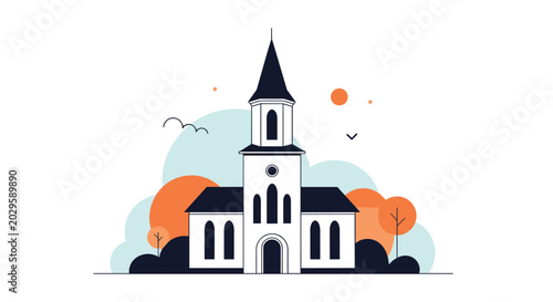 Quaint white church building with a tall steeple set against a soft colorful background for community and faith.