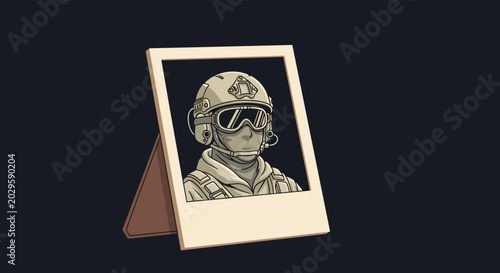 Military soldier portrait in pixel art style displayed inside a classic picture frame against a dark background for memory or tribute.