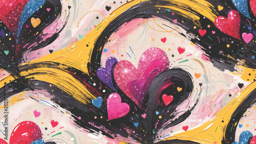Pop art glitter heart wallpaper dramatic black brush stroke Vector Background