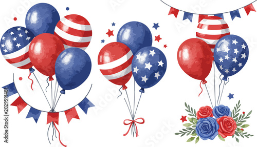 Patriotic american balloons and bunting for independence day celebration or fourth of july party decoration with red white and blue flowers
