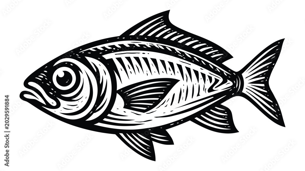 Fototapeta premium Linocut style fish illustration with wildlife, illustration