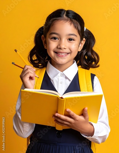 Young girl holding book and pencils