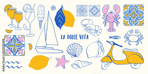 Obraz na plátne Amalfi coast element set with lemons, Mediterranean ceramic tiles, scooter, cocktails and sea elements