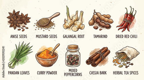 Cuadro en lienzo A collection of various aromatic spices and herbs used in cooking and beverages, presented in a colorful illustration