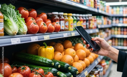 A shopper scans produce with a smartphone in a brightly lit grocery