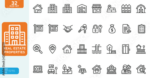 Cuadro en lienzo Real estate Properties Vector Illustration line editable icon set