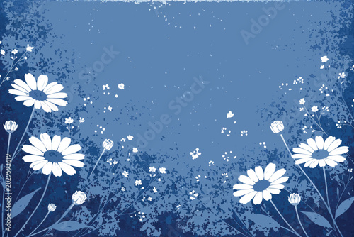 Blue Cyanotype Daisy Botanical Background with Stipple Dot Overlay Texture, White Flower and Twig Silhouettes on Gritty Blue Paper, Vintage Floral Illustration for Greeting Cards, Posters, Art.