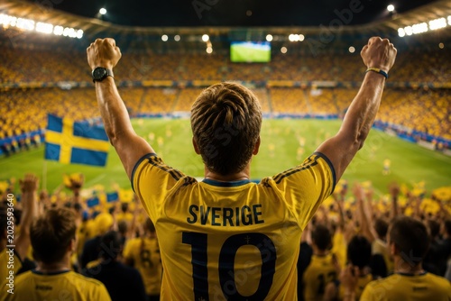 Swedish football fan cheering in stadium wearing number 10 jersey