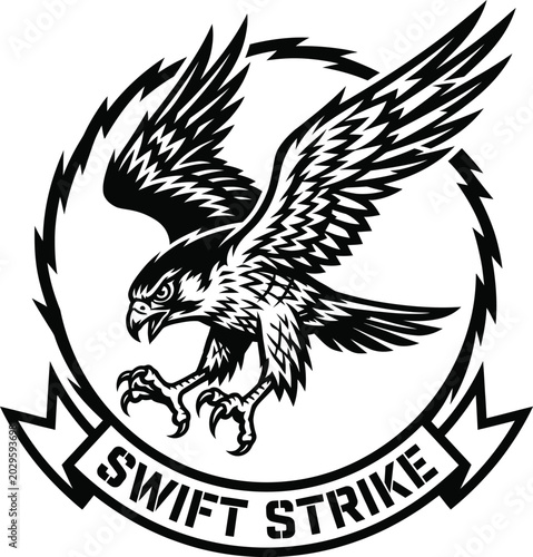 Aggressive hawk bird logo with 'swift strike' text in a circle, the phrase 'swif