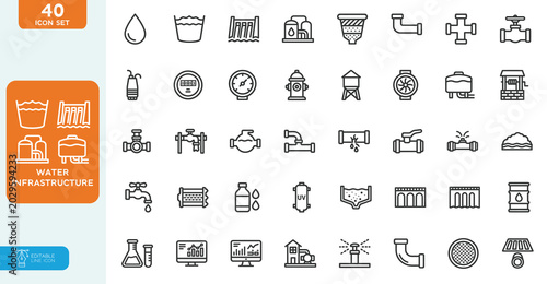Tableau sur toile Water infrastructure Vector Illustration line editable icon set