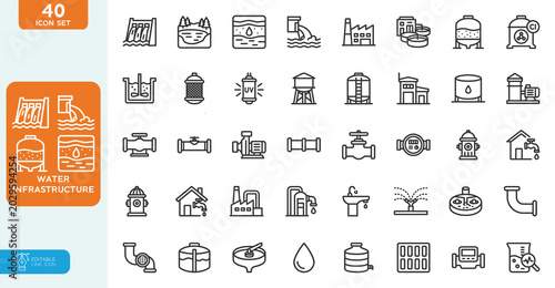 Bild auf Leinwand Water infrastructure Vector Illustration line editable icon set