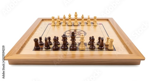 Strategic Chess Game Setup with Wooden Pieces and Board.