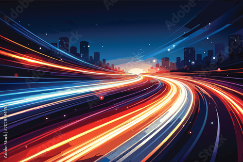 Abstract Vector Illustration of Dynamic Light Trails and Motion Blur on a Night City Highway, Representing Speed, Traffic, and Modern Urban Connectivity with Vibrant Neon Colors and Skyline.