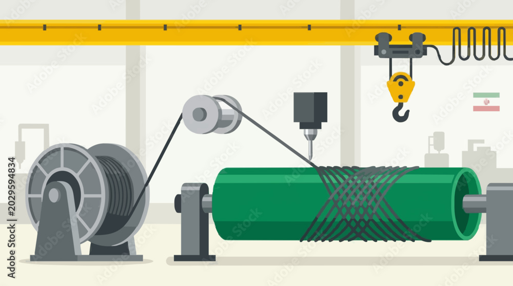 Fototapeta premium Industrial Cable Winding Machine in Factory Setting with Crane