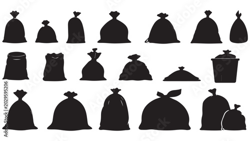 Vászonkép Sack silhouette collection, 18 black bag icons for storage and shipping, flat ve