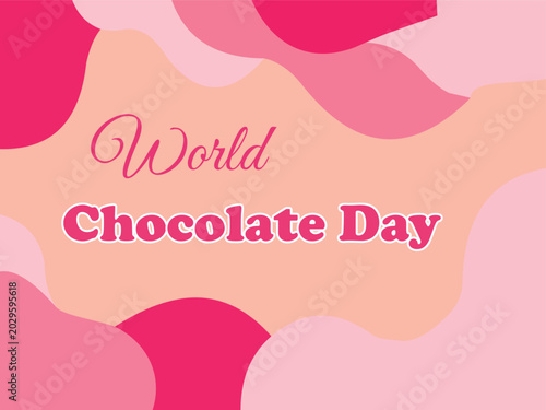 Vibrant pink graphic celebrating world chocolate day with abstract shapes and bold typography on a colorful background